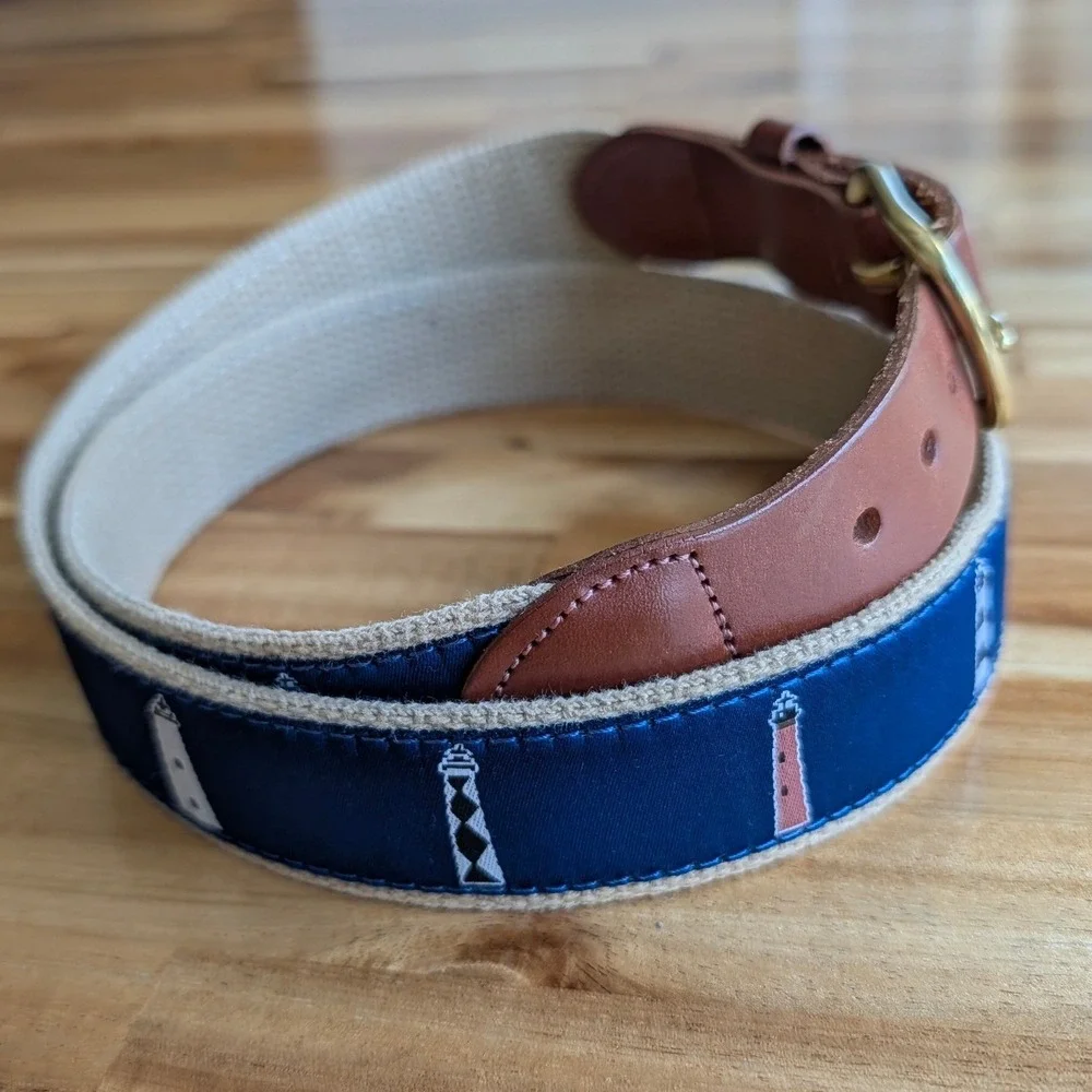 Leather Man Ltd Men's Lighthouse Ribbon Belt Navy Tan Brass Sz 36 (Pant Sz 34)